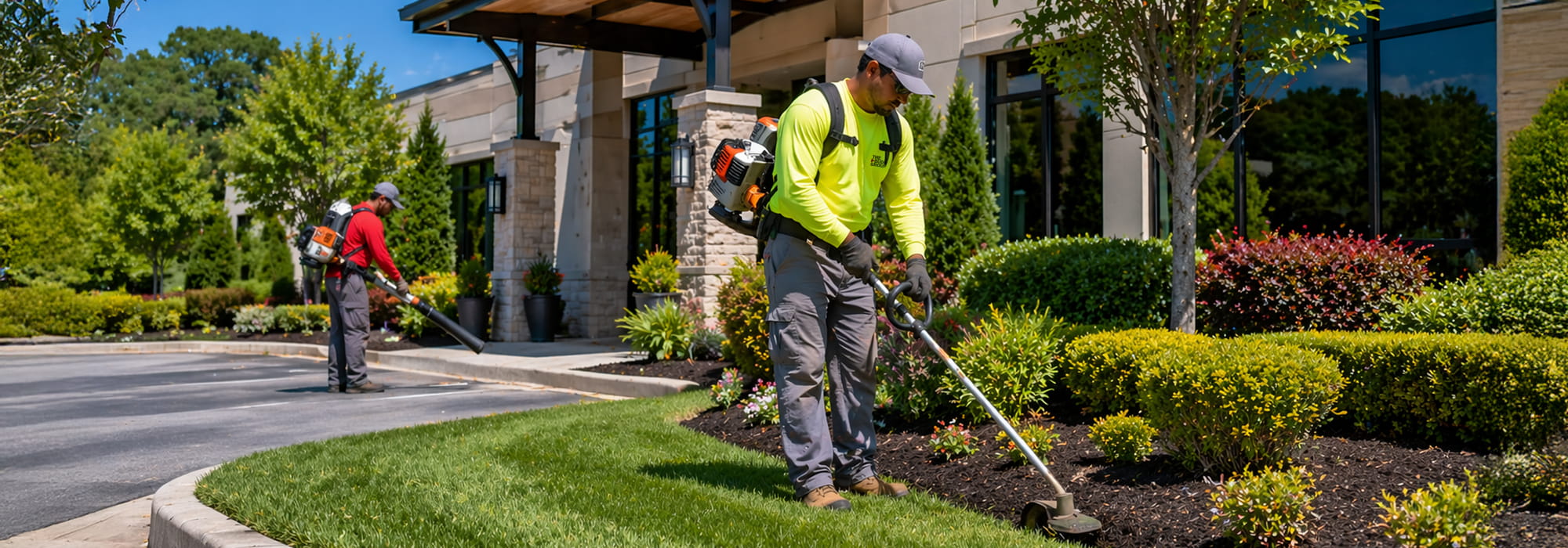 A landscaping crew at work outside a commercial building, one man trimming shrubs in the foreground while a coworker clears leaves behind him